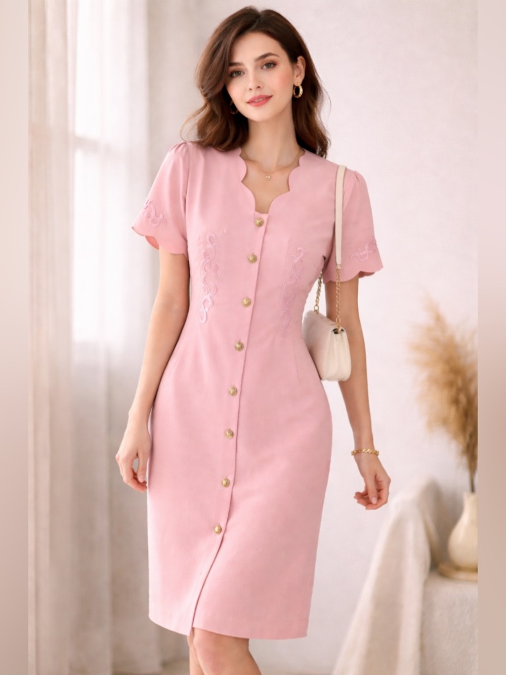 Vintage Feminine Western Button Down Sheath Dress Scalloped Edge Embroidered